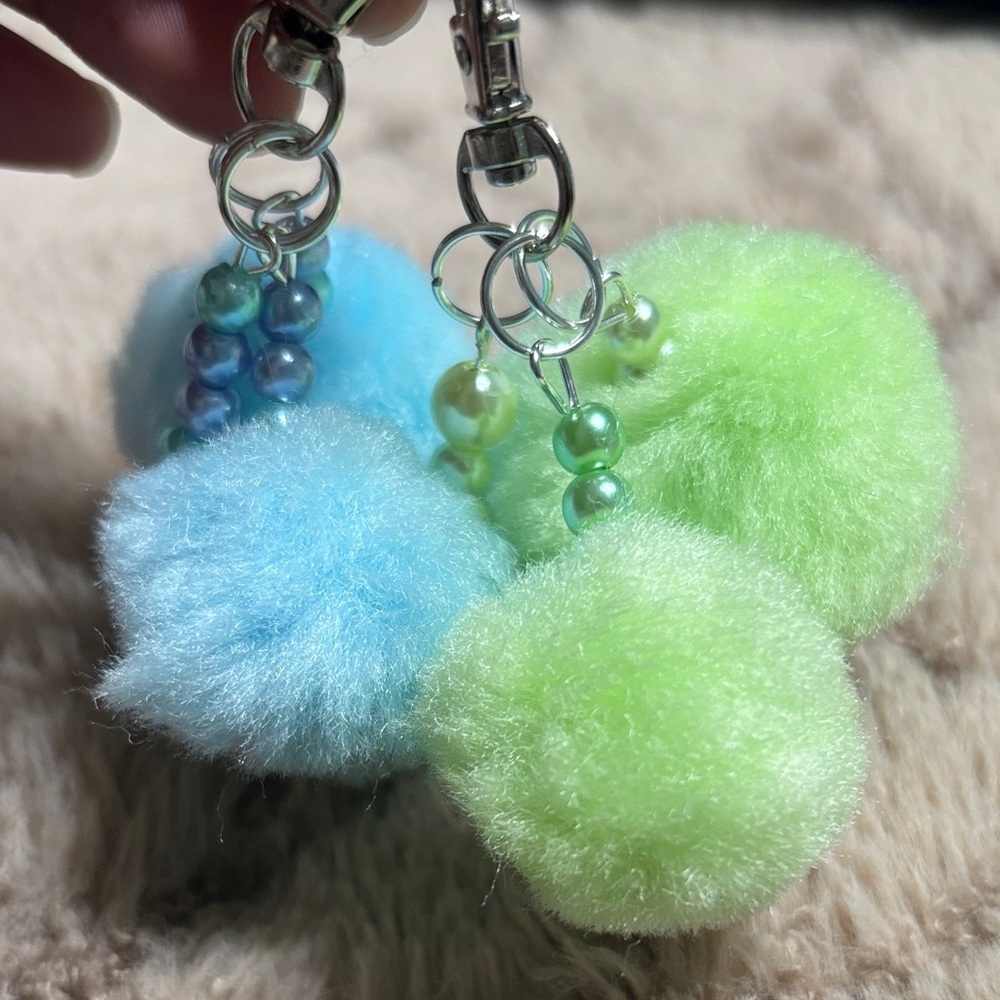 Fluffy Green and Blue Pom Pom Keychains - Picture 2 of 4